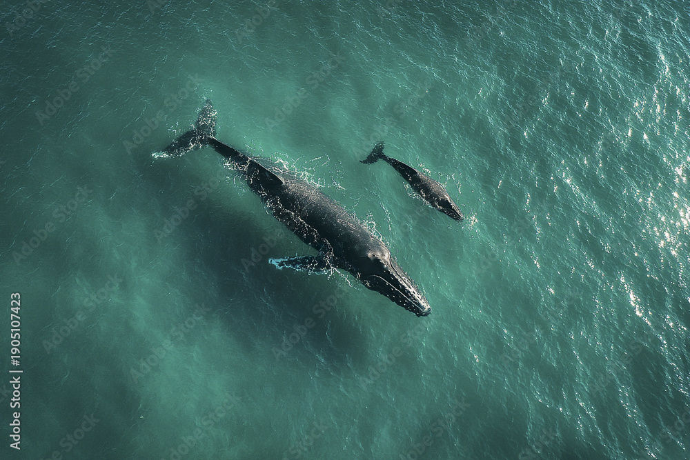 Fototapeta premium Aerial view of large whale and smaller whale swimming together in clear turquoise ocean water, showcasing marine life and peaceful ocean nature