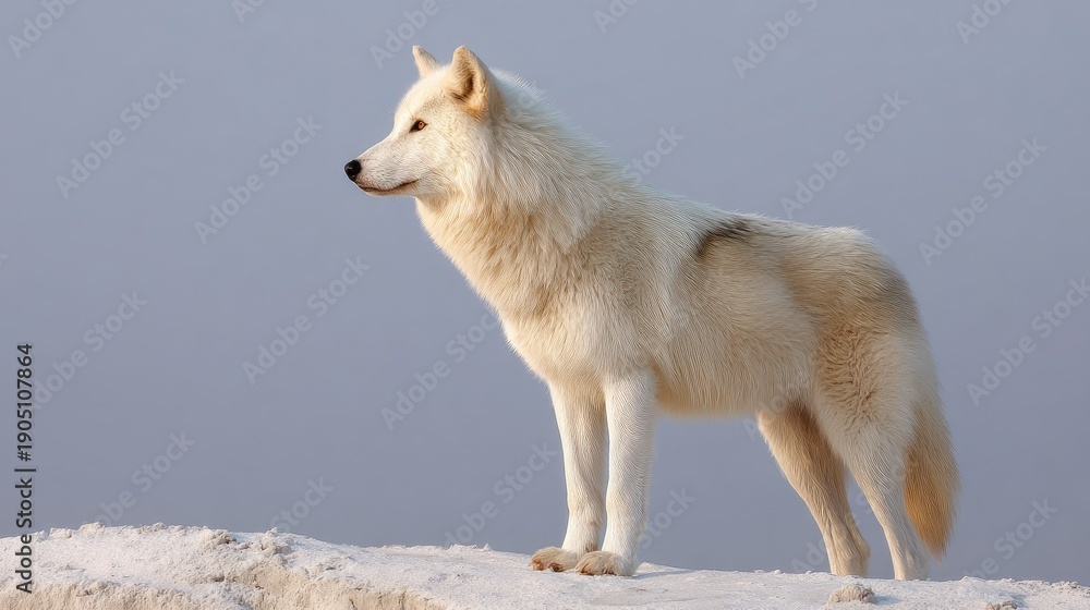 Obraz premium Majestic Arctic Wolf Standing Proudly on Snowy Landscape with Soft Light in Background, Symbolizing Wilderness and Natural Beauty of the North