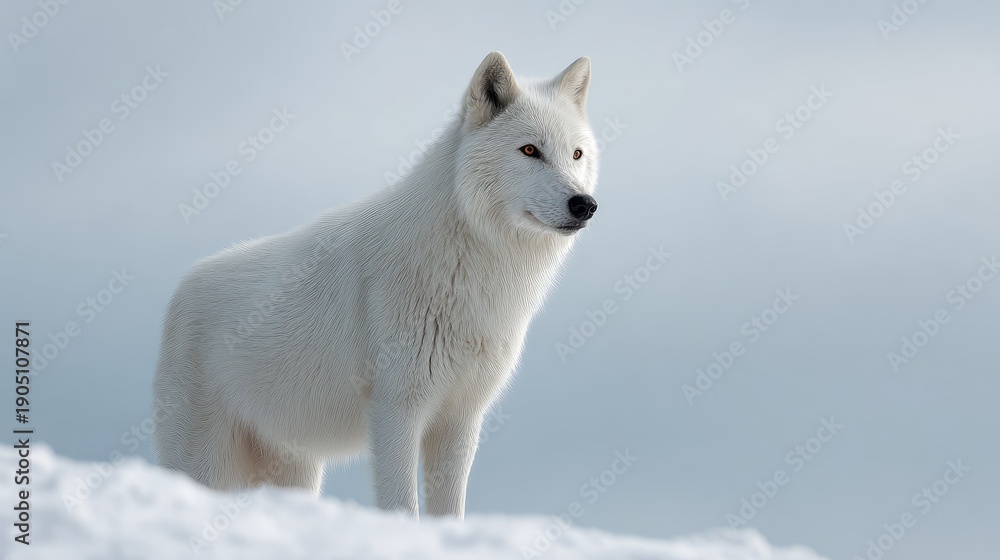 Obraz premium Majestic Arctic Wolf Standing Proudly on Snowy Landscape under Soft Winter Light with Stunning Detail and Graceful Features Captured in Nature's Splendor