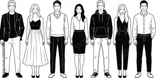 Modern Diverse People Standing Together in Stylish Casual and Business Outfits, Collection of Male and Female Fashion Characters, Vector Illustration