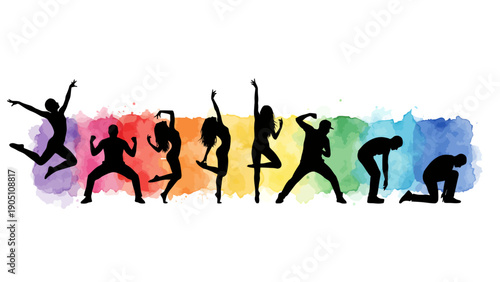 Group of silhouetted dancers jumping joyfully against colorful rainbow background in motion.