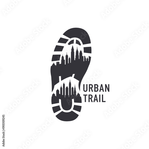 Shoe sole print with city skyline silhouette for outdoor footwear or urban exploration adventure brand identity logo template Urban Trail