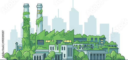Abandoned green factory illustration with nature reclaiming structures