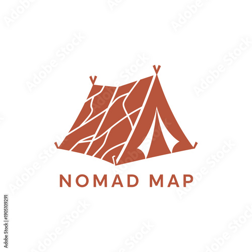 Camping tent with topographic map pattern for outdoor adventure and digital nomad tourism services identity in Nomad Map logo design brand