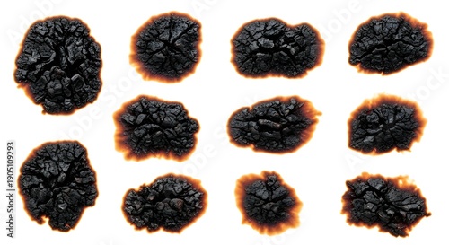 Collection of twelve distinct irregular black carbon scorch marks with distinct reddish-brown halos isolated vividly upon a stark white background representing intense heat damage.