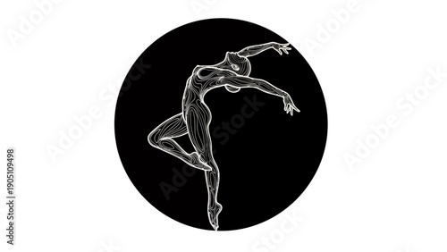 Minimalist line drawing of ballet dancer silhouette inside a black circle, graceful and poised.
