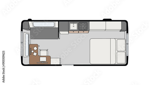 Camper van floor plan top view layout