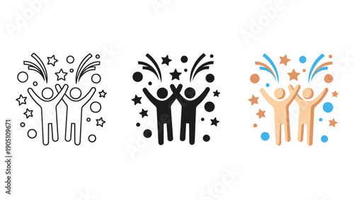 Celebration of people icons with raised hands and confetti in three color variants.