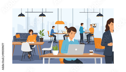 Busy office cafe workspace people working