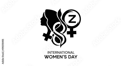 Black silhouette illustration celebrating International Women's Day with a stylized female symbol and gender equality design on a white background.