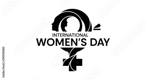 Black silhouette illustration celebrating International Women's Day with a stylized female symbol and text on a white background.