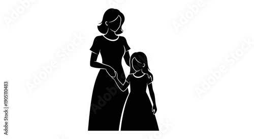 Black silhouette illustration of a woman and a girl holding hands celebrating International Women's Day with a simple design on a white background.