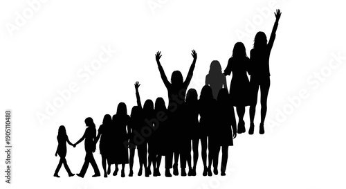 Black silhouette illustration of a diverse group of women celebrating International Women's Day with raised arms in a vector design on a white background.