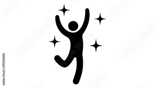 Energetic joyful person leaping in celebration with sparkling stars and dynamic movement.