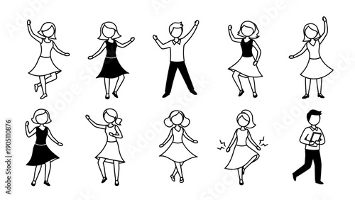 Group of silhouetted dancers forming a playful line art collage.