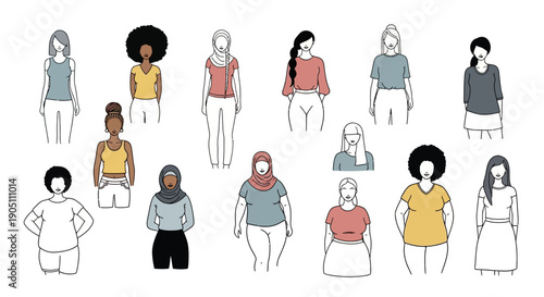 Diverse group of people standing together in various poses and outfits, showcasing individuality and unity from a straightforward viewpoint.