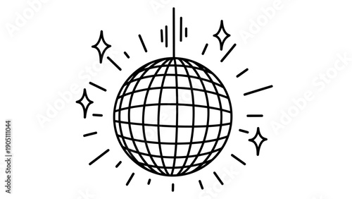 Shiny disco ball illustration with sparkling rays and grid pattern.