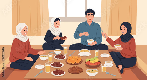 Group of people enjoying a meal together in a cozy indoor setting with diverse clothing and food items