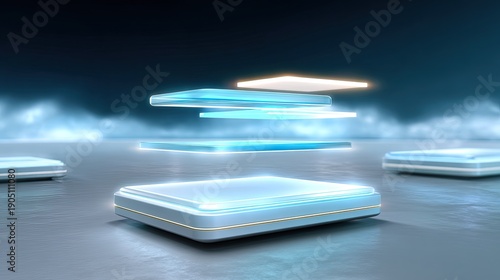 Futuristic Digital Layers Floating Above a Smooth Surface, Imagination of Technology and Innovation in an Abstract Setting with Blue Lighting Effects