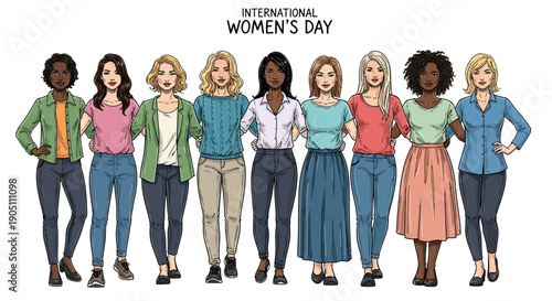 Diverse group of women standing together confidently on International Women's Day