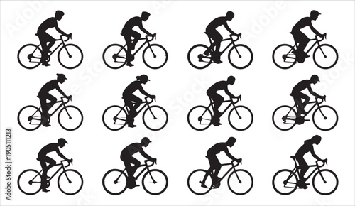 Cyclist riding bicycle silhouette set, collection of male athletes on bikes