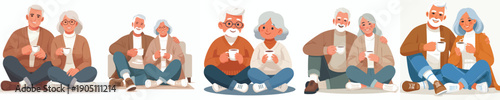 vector old couple sitting on floor drinking coffee together