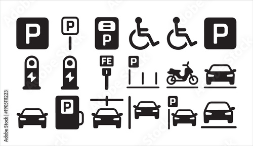 Parking sign and car icons set, electric vehicle charging station symbols