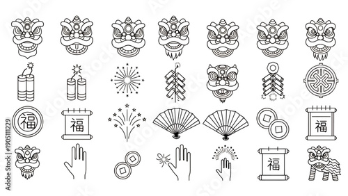 Collection of black and white traditional iconography and symbols featuring temples, deities, and decorative motifs.