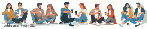 vector couple sitting on floor drinking coffee together