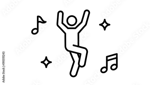 Minimalist line art of a joyful dancer jumping with musical notes and stars.