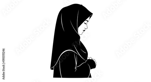 Illustration of a woman in a hijab praying in a serene environment from a side view