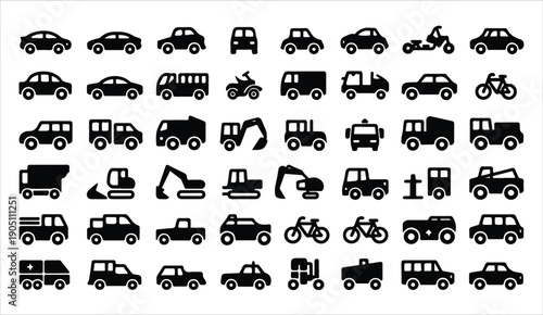 Collection of diverse vehicle icons, including cars, trucks, and construction equipment.