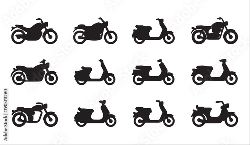Group of motorcycle and scooter silhouettes, various types of two-wheeled vehicles.