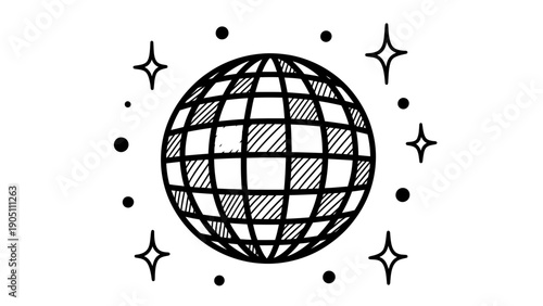 Abstract illustrated globe icon with grid lines and sparkling stars.