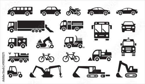 Diverse vehicle icons including vans, cars, trucks, and construction equipment.