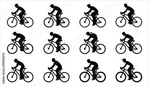Cyclist silhouette set showing athletes riding racing bicycles in various positions profile