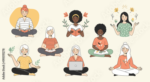 Diverse individuals meditating in various environments with technology and nature elements surrounding them in a serene atmosphere