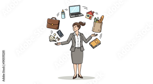 A professional woman juggling multiple office tasks and shopping items in a busy work environment illustration