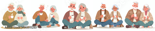 vector old couple sitting on floor drinking coffee together
