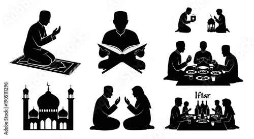 Collection of silhouettes depicting people praying and gathering around tables in various settings, including religious architecture
