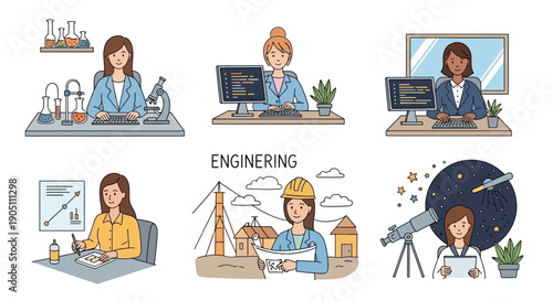 Women in science and engineering professions working in various laboratory and office settings with equipment and technology