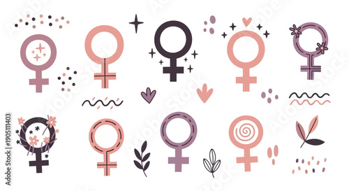 Collection of diverse female symbols and icons in various colors and designs on a clean background