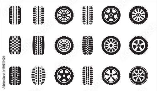 Collection of car tire treads and wheel icons, vector set for automotive use