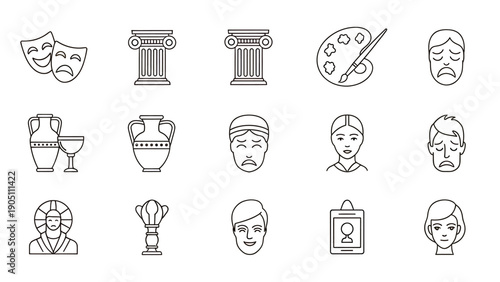 Collection of line art icons depicting theater masks, statues, pottery and art tools.