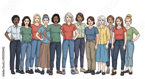 Diverse group of people standing together in a confident pose, showcasing unity and solidarity in a simple illustration