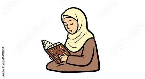 Woman in hijab reading a book, sitting cross-legged on the floor, illustration viewpoint