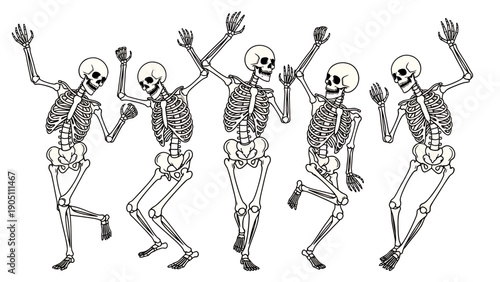 Group of playful dancing skeletons performing energetic motion in a line.