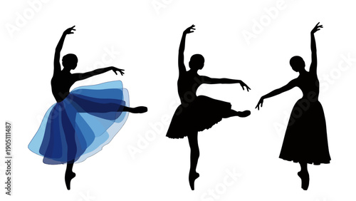 Silhouetted ballerinas in dynamic poses captured as graceful dance silhouettes in motion.
