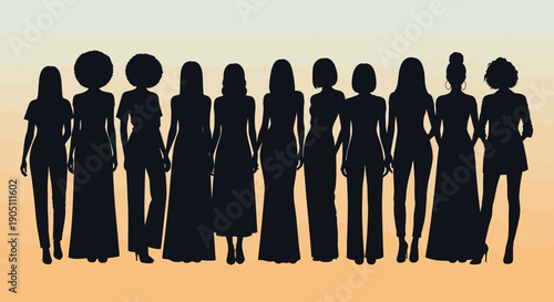 Group of women in formal dresses standing together in a line, viewed from behind