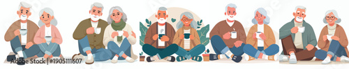 vector old couple sitting on floor drinking coffee together